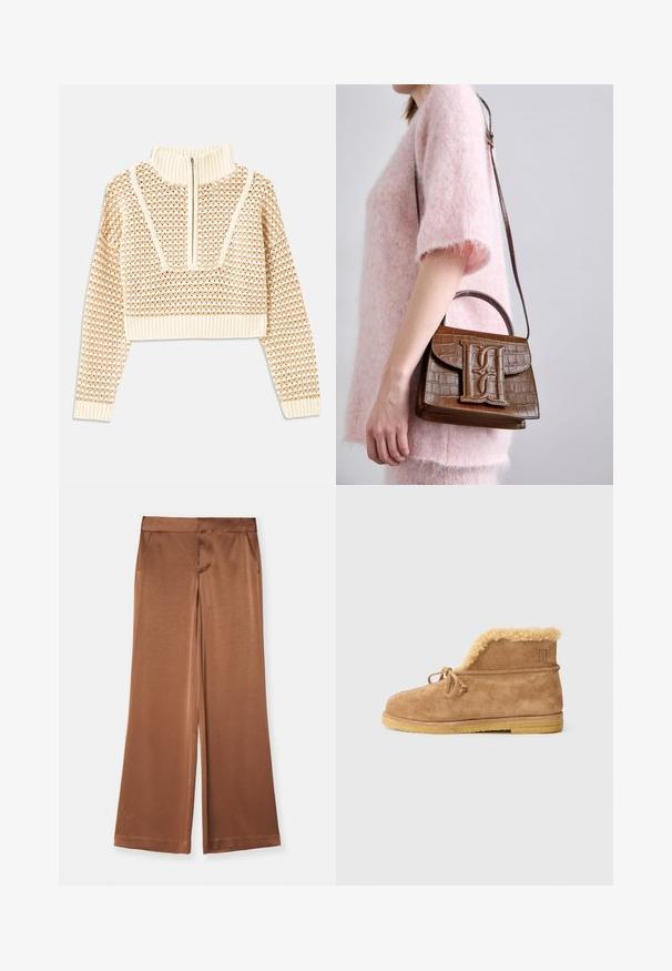 Gaišas bezgaismas īsais džemperis ar rāvējslēdzēju un stāvošu apkakli, ar faktūru rakstu un ribinātām piedurknēm un apakšmalu. Apvieno adītus un audumus.; Brūni plati bikses, izgatavotas no satīna, ar sānu kabatām, gludu tekstūru un pielāgotu jostasvietu, kas nodrošina strukturētu piegriezumu.; Brūni zamšādas potītes ar fleecu iekšpusē, mežģīņu detaļas priekšā un plakanu gumijas zoli uz baltā fona.; Brauns krokodila raksturs somiņa ar augšējo rokturi un plecu siksnu. Priekšējā klapā ir izcils logotips. Mīksta tekstūra.