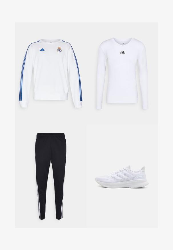 Felpa bianca con strisce blu Adidas sulle maniche e logo del Real Madrid sul petto. Presenta polsini e orlo a costine.; Maglietta atletica bianca a maniche lunghe realizzata in materiale morbido con logo Adidas nero sul petto; design a V e forma aderente.; Pantaloni sportivi neri con una vestibilità rilassata, con strisce bianche sui lati, vita con cordoncino e due tasche laterali. Realizzati in tessuto morbido.; Scarpe sportive bianche con tomaia in mesh texturato, suola ammortizzata e supportiva, e design a tre strisce sul lato.