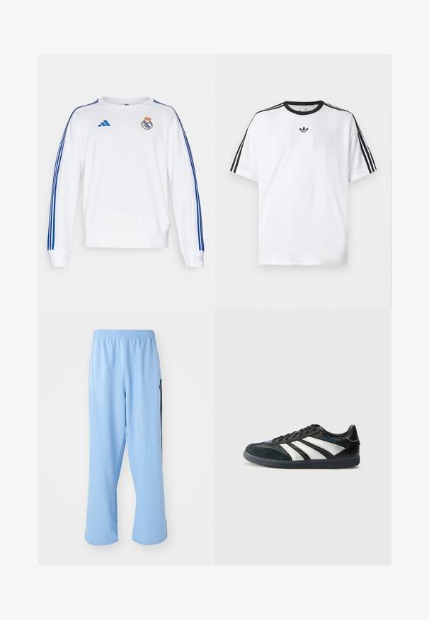 Vit sweatshirt med blå Adidas-ränder på ärmarna och Real Madrid-logotyp på bröstet. Har ribbade mudd och nederkant.; Vit T-shirt i bomull, med svart rund halsringning och tre svarta ränder på varje axel. Litet svart logotyp på bröstet.; Ljusblå idrottsbyxor gjorda av glatt tyg, med resårmidja och kontrasterande svarta sidosträck.; adidas Performance PREDATOR FREESTYLE JUDE INDOOR FOOTBALL SHOES - Inomhusfotbollsskor - core black/silver-coloured/glory blue