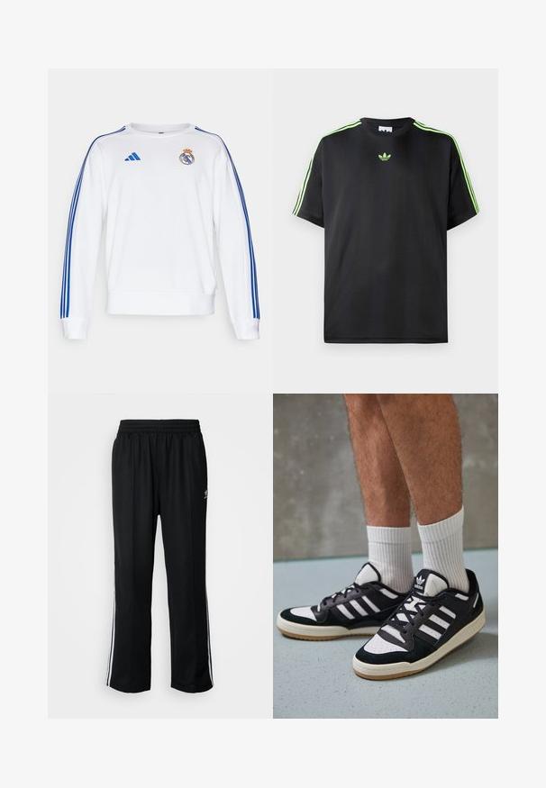Valge dressipluus siniste Adidas'i triipudega varrukatel ja Real Madridi logo rinnal. Omab soonikseotud varrukaotste ja alumise äärega.; Mustade särk, mis on valmistatud siledast kangast, ümmarguse kaelusega, millel on kolm roheline triipu õlgadel ja väike roheline logo rinnal.; Mustad mustad spordipüksid elastse vöökohaga, millel on valged küljeread ja väike logo. Materjal tundub pehme ja kerge.; Mustvalged ja valged spordijalatsid, mille pealmine osa on valmistatud suede'ist ja nahast. Kingadel on kolm valget riba, auguline varvas ja kummist tald.