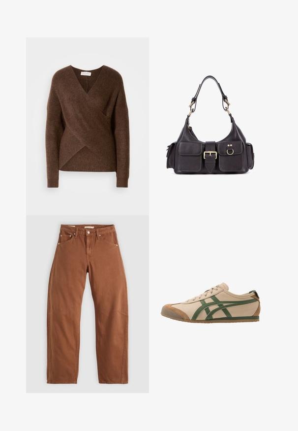Brauner, gestrickter Wickelsweater mit V-Ausschnitt, langen Ärmeln und einer kuscheligen Textur. Verfügt über einen asymmetrischen Saum und keine sichtbaren Verschlüsse.; Blau-weißer gestreifter Hemd mit langen Ärmeln, Knopfleiste vorne und weißem Kragen sowie Manschetten. Verfügt über eine kleine Tasche auf der linken Brust.; Rostbraune gerade geschnittene Jeans mit Vorder- und Hintertaschen, Metallnieten, Knopfverschluss und Gürtelschlaufen, flach auf einem weißen Hintergrund ausgelegt.; Beige Leder-Sneaker mit grünen Akzenten, runder Zehenpartie, flacher Sohle und Wildlederdetails an der Zehenkappe und Ferse.; Dunkle Lederhandtasche mit zwei Vorderfächern, einer zentralen Schnalle und goldfarbenen Beschlägen. Glatte Textur mit einer gewölbten Silhouette.