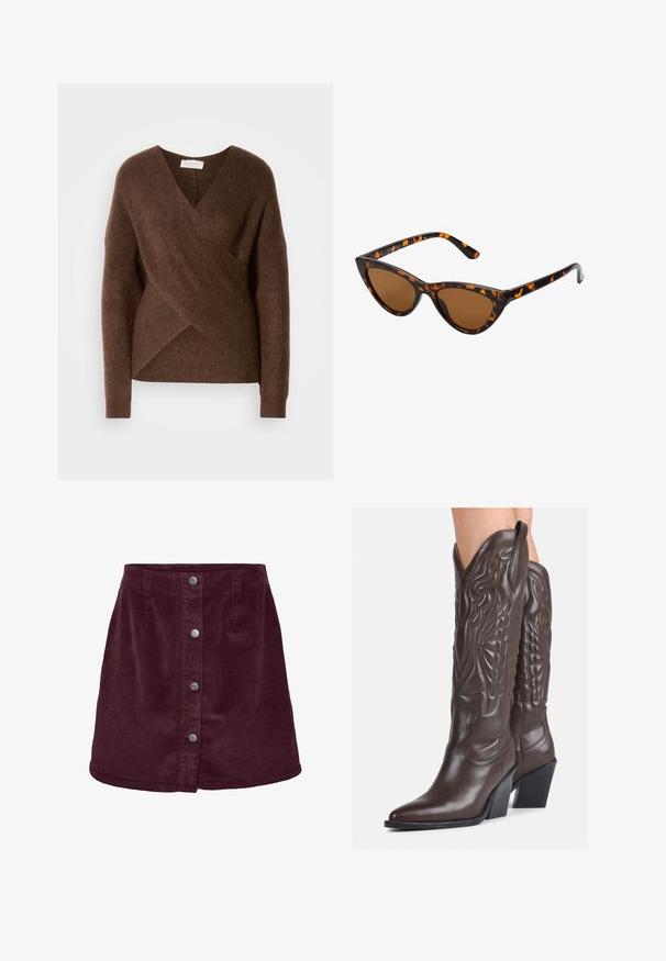 Brauner, gestrickter Wickelsweater mit V-Ausschnitt, langen Ärmeln und einer kuscheligen Textur. Verfügt über einen asymmetrischen Saum und keine sichtbaren Verschlüsse.; Burgunderfarbene Kordmini mit A-Linien-Form, ausgestattet mit fünf silbernen Knöpfen an der Vorderseite und einer subtilen gerippten Textur.; Braune Leder-Cowboy-Stiefel mit spitzem Punkt und Blockabsatz, die über detaillierte Stickereien und hervorgehobene Akzente am Schaft verfügen.; Katzenaugen-Sonnenbrille mit einem schwarz-orangenen Schildpattrahmen, braunen Gläsern und schlanken, spitzen Enden. Verfügt über ein minimalistisches Logo am Bügel.