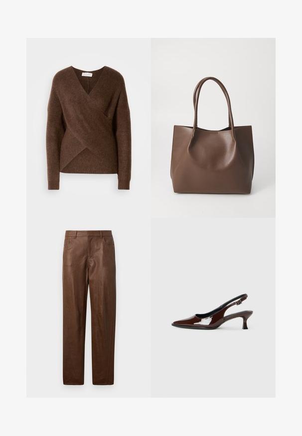 Hnědý pletený svetr s obálkovým zavinovacím designem, V-výstřihem, dlouhými rukávy a pohodlnou texturou. Má asymetrický lem a žádné viditelné zapínání.; Hnědé kožené kalhoty s hladkou texturou, rovný střih a dvě postranní kapsy. Obsahují viditelné švy.; Hnědé lakované kožené slingback boty s špičatou špičkou a mírným podpatkem. Disponují přezkou pro bezpečné upevnění. Hladký povrch.; Hnědá kožená taška přes rameno s dvěma dlouhými uchy, strukturovaný tvar, hladký povrch a minimalistický design. Žádné viditelné kování ani akcenty.