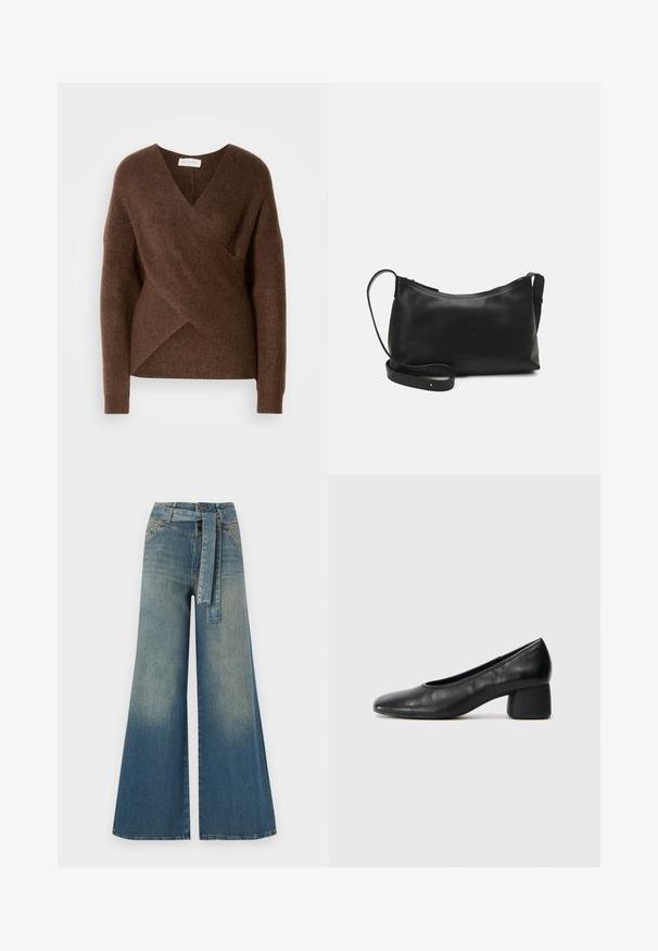 Καφέ πλεκτή ζακέτα με σχέδιο V-λαιμου, μακριά μανίκια και άνετη υφή. Διαθέτει ασύμμετρο στρίφωμα και δεν έχει ορατές κλείσεις.; Πολυάριθμα τζιν παντελόνια με φαρδύ πόδι που διαθέτουν ένα ελαφρύ έως σκούρο μπλε gradient, ψηλή μέση, θηλιές ζώνης και μια ταιριαστή ζώνη από το ίδιο ύφασμα. Υφή τζιν.; Μαύρη δερμάτινη γόβα με στρογγυλή μύτη και μεσαίο φαρδύ τακούνι. Λείο υλικό με ελάχιστες λεπτομέρειες, διαθέτει διακριτική ελαστική είσοδο.; Μαύρη δερμάτινη τσάντα ώμου με λεία υφή, καμπύλο σχήμα, ρυθμιζόμενο λουρί και κλείσιμο με φερμουάρ. Μινιμαλιστικός σχεδιασμός χωρίς διακοσμητικά στοιχεία.