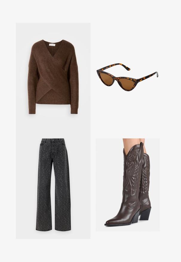 Smeđa, pletena omotačna jakna s dizajnom u obliku V-izreza, dugim rukavima i udobnom teksturom. Ima asimetrični rub i nema vidljivih zatvarača.; Noisy May NMJANNEL LOOSE - Traperice opuštenog kroja - black denim; Smeđe kožne kauboj čizme s šiljastim vrhom i blok-potpeticom, s detaljno izvezenim šavovima i uzdignutim naglascima na okovu.; Sunglasses u obliku mačjih očiju s okvirom u crno-narančastom kornjačevom uzorku, smešnim lećama i elegatnim, šiljastim vrhovima. Sadrži minimalni logo na dršci.; Srebrne okrugle naušnice s minimalističkim dizajnom. Kružni oblik, glatka tekstura i tanak profil. Lagane s poliranim završetkom.