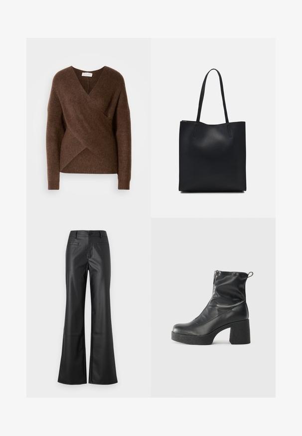 Brown, knitted wrap sweater with a V-neck design, long sleeves, and a cozy texture. Features an asymmetrical hemline and no visible fastenings.; Black leather flared trousers with a smooth texture, featuring a front button closure and two back pockets. Classic design with a modern fit.; Black ankle boots made of smooth leather, featuring a side zipper, chunky textured heel, and rounded toe design.; Black leather tote bag with smooth texture, rectangular shape, and two long handles. No visible hardware or embellishments.