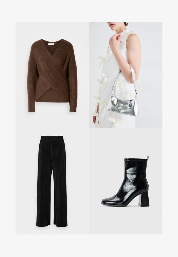 Barna, kötött, takaró pulóver V-kivágással, hosszú ujjakkal és kellemes tapintással. Aszimmetrikus alsó szegéllyel és látható zárás nélkül rendelkezik.; Fekete pliszírozott nadrág gumis derekkal. Széles lábakkal rendelkezik, sima, texturált anyagból készült, függőleges csíkokkal.; Fekete lakk bokacsizma négyszögletű orral és vaskos geometrikus sarkakkal. Simára csiszolt, fényes felülettel rendelkezik, valamint hátsó húzófüllel a könnyű felhúzás érdekében.; Ezüst fémes kézitáska, struktúrált formával, felső fogantyúval és masnis részlettel az elején. Simaságával és fényes felületével tűnik ki.