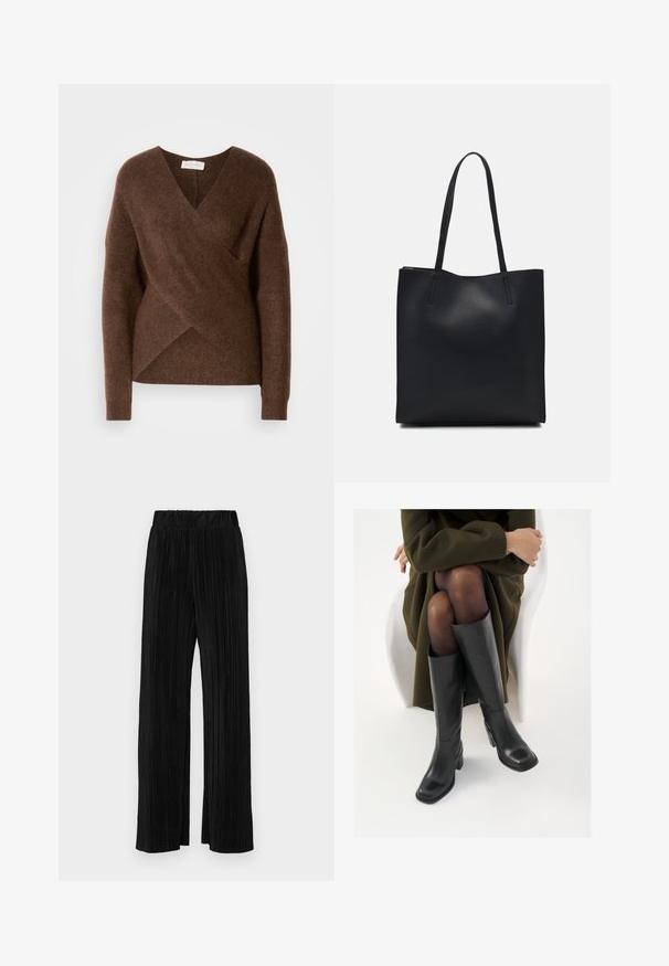 Ruskea neulehuppu, jossa on V-pääntie, pitkät hihat ja mukava rakenne. Sen asymmetrinen helma ja ei näkyviä kiinnityksiä.; Mustat pleatatut housut, joissa on joustava vyötärö. Ominaisuuksiin kuuluvat leveät lahkeet ja sileä, teksturoitu kangas, jossa on pystysuoria raitoja.; Polvisuoja mustat nahastossud, millel on ruudukujuline varvas ja plokk-kints, on esitatud mudeli seljas, kes istub oliivrohelises mantlis. Sile tekstuur, minimaalne detailitus.; Mustapahkainen kangaskassi, jossa on sileä pinta, suorakaiteen muotoinen ja kaksi pitkää kahvaa. Ei näkyvää metalliosaa tai koristeita.