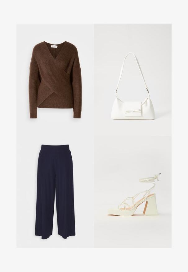 Ruskea neulehuppu, jossa on V-pääntie, pitkät hihat ja mukava rakenne. Sen asymmetrinen helma ja ei näkyviä kiinnityksiä.; Leve-leggings leve em tecido azul marinho escuro com textura ribbed. Apresenta uma cintura suave e uma silhueta fluida, alcançando o comprimento até a metade da panturrilha.; Valkoinen korkokenkä, jossa on paksu korko, ja joka sisältää nauhakiinnityksen ja nilkkaketjun. Sujuva pinta, jossa on platform-etupohja lisäkorkeutta varten.; Valkoinen synteettinen käsilaukku, jossa on kolmikulmainen muoto, tasainen etu läppä ja nauhadetail, säädettävä olkahihna, sileä rakenne ja minimalinen muotoilu.