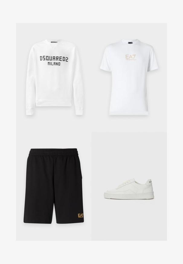 Sudadera blanca hecha de material suave, con cuello redondo, mangas largas y un logotipo negro "DSQUARED2 MILANO" en la parte frontal.; Camiseta blanca de algodón con escote redondo y mangas cortas, con un logo dorado de EA7 Emporio Armani impreso en el frente.; Pantalones cortos deportivos negros de tejido suave, con una cintura elástica y un pequeño logo amarillo de EA7 en la parte inferior de la pierna izquierda.; Zapatilla de cuero blanca con un acabado suave, puntera redonda, cordones planos y suela texturizada. Cuenta con un sutil logo en el talón.