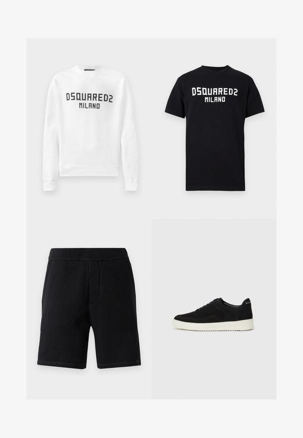 Felpa bianca realizzata in materiale morbido, con collo rotondo, maniche lunghe e un logo nero "DSQUARED2 MILANO" sul davanti.; T-shirt nera a maniche corte con testo bianco "DSQUARED2 MILANO" centrato sul petto, collo rotondo e orlo dritto.; Pantaloni sportivi neri realizzati in morbido materiale; presentano una vita elasticizzata, due tasche laterali e cuciture a contrasto.; Sneaker in suede nero con design con lacci e suola in gomma bianca a contrasto. Presenta pannelli laterali testurizzati e un marchio discreto sul tallone.