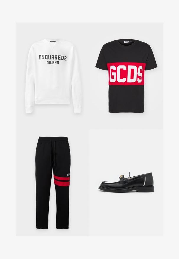 Hvid sweatshirt lavet af blødt materiale med rund hals, lange ærmer og et sort "DSQUARED2 MILANO" logo på forsiden.; GCDS BAND LOGO REGULAR - T-shirts print - black; Sorte sweatpants med kontrastfarvede røde striber og logo på siden. Har elastisk talje med snøre og tætsiddende ankler.; Sort læder loafers med rund tå, hvide detaljer og guldbelagte metaldele på vamps. Har et struktureret patch og stablet hæl.
