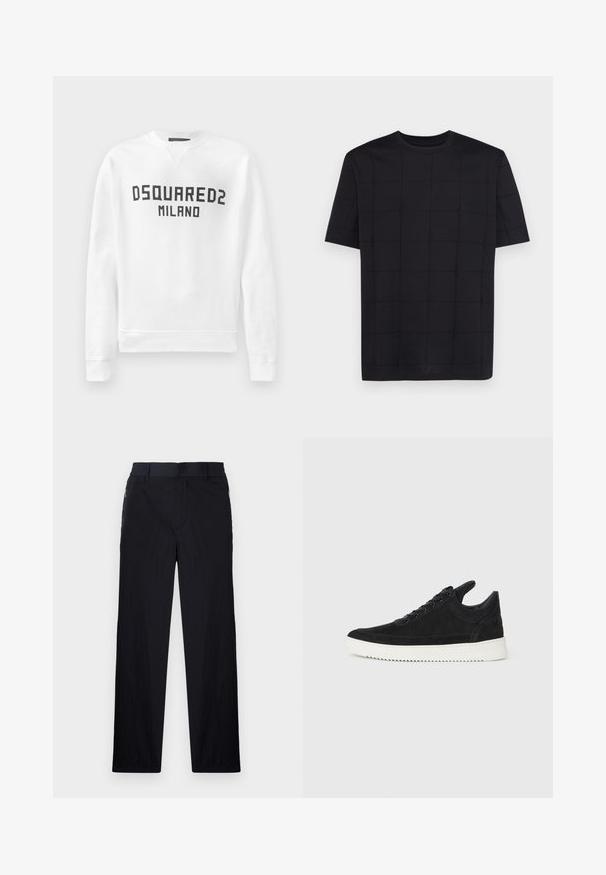 Biely sveter vyrobený z jemného materiálu s okrúhlym výstrihom, dlhými rukávmi a čiernym logom "DSQUARED2 MILANO" na prednej strane.; Armani Exchange Tričko s potlačou - black; Čierne nohavice z ľahkého textúrovaného materiálu, s priamym strihom, elastickým pásom a bočnými zipsovými vreckami.; čierne semišové tenisky s bielou gumovou podrážkou, s tonálnym prešívaním a šnurovaním. Hladká textúra s moderným, zjednodušeným tvarom.