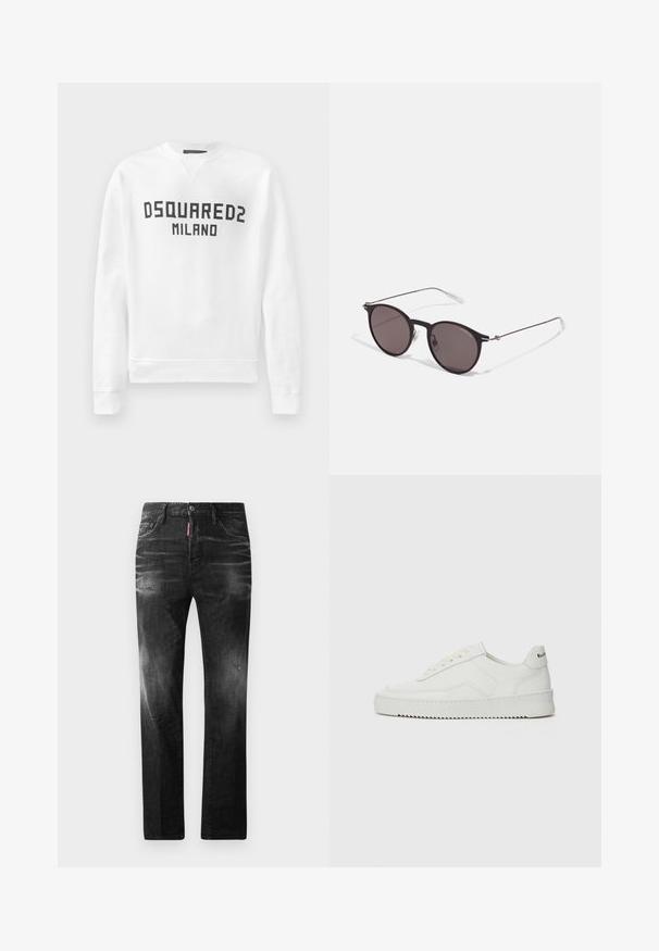 Sweatshirt blanc en matériau doux, avec un col rond, des manches longues et un logo noir "DSQUARED2 MILANO" à l'avant.; Jean en denim noir avec une coupe droite. Présente des zones décolorées, un léger effet usé, un design classique à cinq poches et une fermeture à bouton.; Baskets en cuir blanc avec une finition lisse, bout arrondi, lacets plats et semelle texturée. Présente un logo discret sur le talon.; Lunettes de soleil noires rondes avec verres sombres et branches en métal fines. Comprend des embouts transparents et des accents argentés au niveau de la charnière. Design minimaliste.