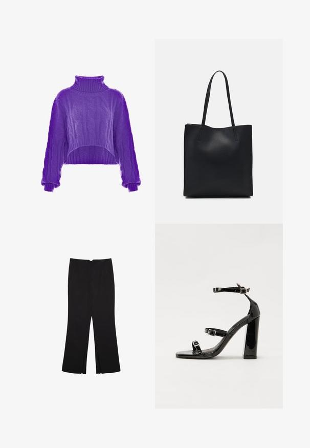 Fioletowy sweter o skróconym kroju z dzianiny w warkocz, z wysokim kołnierzem i szerokimi rękawami. Tekstura jest miękka, złożona z misternych wzorów.; Czarne spodnie o prostym kroju, z przednimi kieszeniami i bocznymi rozcięciami na dole. Wykonane z miękkiego, gładkiego materiału. Odpowiednie na różne okazje.; Czarne lakierowane sandały na obcasie z kwadratowym noskiem, z paskami wokół kostki i srebrnymi klamrami. Posiadają masywny słupek dla stabilności.; Czarna skórzana torba tote o gładkiej fakturze, prostokątnym kształcie i dwóch długich uchwytach. Brak widocznych elementów metalowych i ozdób.