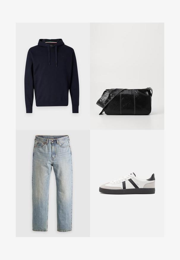 Replay Felpa con cappuccio - night blue; Jeans in denim azzurro chiaro con vita alta, bottone anteriore, cerniera e design a cinque tasche, adagiati su uno sfondo neutro.; Sneaker bianco con accenti neri e grigi, dotata di una punta grigia testurizzata, suola in gomma nera e lacci bianchi piatti. Design pulito, stile minimalista.; Borsa a spalla in pelle nera con chiusura a zip, caratterizzata da un corpo testurizzato, cuciture bianche e una tracolla con occhielli in argento.