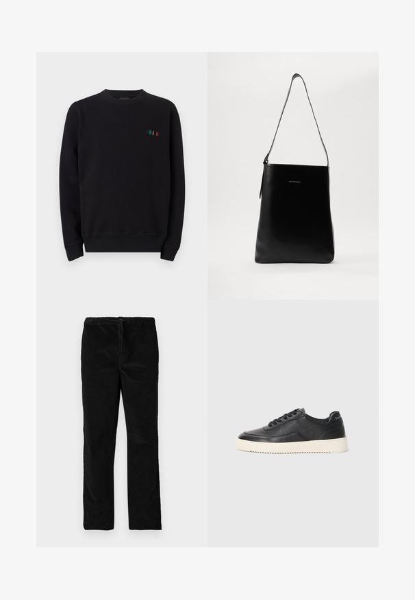 Μαύρη μπλούζα crewneck από μείγμα βαμβακιού, με μικρή πολύχρωμη κεντημένη λεπτομέρεια στο αριστερό στήθος και ριμπ μανσέτες.; Μαύρο σατέν παντελόνι καμπάνα με ελαστική ζώνη και κορδόνι στη μπροστινή πλευρά, αναδεικνύεται σε λευκό φόντο.; Μαύρο δερμάτινο sneaker με υφή, στρογγυλή μύτη και επίπεδη λευκή καουτσούκ σόλα. Διαθέτει μαύρες δέσιμο και λογότυπο στη φτέρνα.; Μαύρη δερμάτινη τσάντα ώμου με λεία υφή, ορθογώνιο σχήμα και μακριά λουρί; διαθέτει ένα μικρό λευκό λογότυπο στο κέντρο.