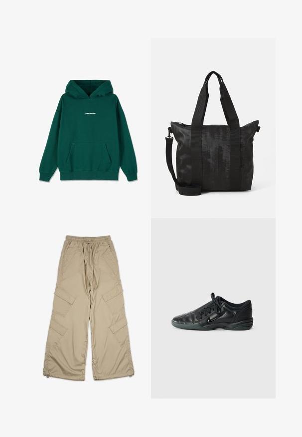 Grønn hettegenser med kengurulomme, snøring i hetten, ribbestrikkede ermer og kant, med "PEGADOR"-logo i hvitt på midten foran.; Beige cargo bukser med snor i taljen, flere sidelommer og en afslappet pasform. Lavet af letvægts, glat stof med syningsdetaljer.; Svarte lær idrettssko med en quiltert design, rund tå, snøring foran og gummisåle. Har diskret merkevare på siden.; Svart totebag med teksturert stoff, doble topphåndtak og en avtakbar skulderrem. Har glidelås for sikker oppbevaring.