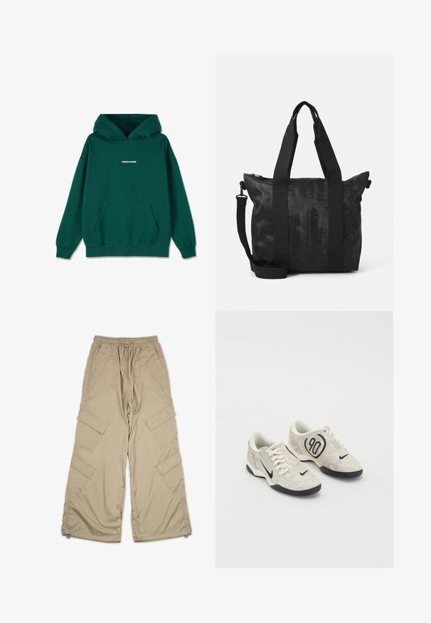 Sweatshirt verde com bolso canguru, capuz com cordão, punhos e bainha canelados, apresentando o logotipo "PEGADOR" em branco no centro da frente.; Calças cargo bege com cintura ajustável, múltiplos bolsos laterais e um corte descontraído. Feitas de um tecido leve e suave com detalhes de costura.; Tênis Nike com um upper texturizado em bege e cinza, detalhes em preto, um grande logótipo "90" e um fecho de atacadores branco. Sola preta.; Bolsa tote preta com tecido texturizado, alças duplas na parte superior e uma alça de ombro destacável. Possui fecho com zipper para armazenamento seguro.
