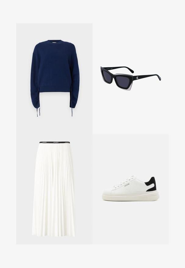 Námořnický modrý pletený svetr s ribkovanou texturou, kulatým výstřihem a dlouhými rukávy. Obsahuje nastavitelné boční šňůrky a zkrácenou délku.; Záhybová bílá sukně s černým elastickým pasem s logem "LACOSTE". Suška je střední délky a má jemnou texturu.; Bílé kožené tenisky s tlustou bílou podrážkou, černým semišovým akcentem na patě a vyraženým logem na boku. Šněrovací design se šesti očka.; Černé oversized sluneční brýle geometrického tvaru, s tmavými skly a kontrastním šedým detailem na rámu. Logo na rameni.