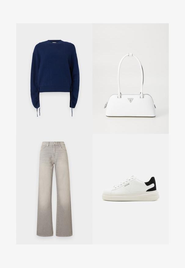 Temno modra pletena jopica z rebrasto teksturo, okroglo izrezana in z dolgimi rokavi. Ima prilagodljive stranske zaveze in skrajšano dolžino.; Sive široke jeans hlače z utonulim zaključkom, z gumbom za zapiranje, petimi žepi in šiviljskim detajlom ob šivih.; Bele usnjene športne copate z debelim belim podplatom, črnimi semišnimi detajli na peti in utisnjenim logotipom na strani. Zavezovanje s šestimi luknjicami.; Bela usnjena torba s ukrivljeno obliko, ki ima srebrni trikotni logo in zadrgo. Gladka tekstura in dvojni ročaji.