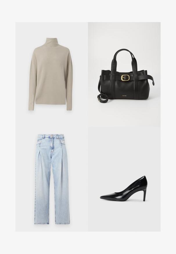 Sveterm z merino volno v svetli bež barvi, narejen iz mehke pletenine, ima sproščen kroj z dolgimi rokavi in visokim ovratnikom. Brez vidnih vzorcev.; Svjetloplave traperice visoko struka, širokog kroja, s dva bočna djepa i naboranim dizajnom. Mekana tekstura s izblijedjelim završetkom.; Črna usnjena črna čevlja na visokem petu z zašiljenim prstom, gladko teksturo in zoženim peto. Minimalističen dizajn, brez dodatnih okraskov.; Črna usnjena torba s strukturirano zasnovo, dvojni zgornji ročaji, zlato-tonirni zaponka kot dodatek in vtisnjeni logotip blagovne znamke spredaj.