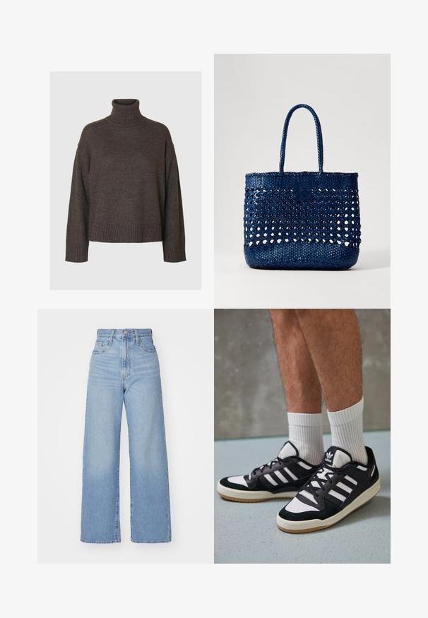 Pull à col roulé marron foncé, en tissu tricot doux, manches larges, bords côtelés aux poignets et à l'ourlet, coupe décontractée, design minimal, sans motifs ni accents.; Jean large taille haute bleu clair avec bouton et fermeture éclair à l'avant, poches avant et arrière, sur fond blanc.; Baskets noir et blanc avec une tige en suède et cuir, comportant trois rayures blanches, un bout perforé et une semelle en caoutchouc gum.; Sac fourre-tout tissé bleu foncé avec deux poignées, présentant un design ajouré et une surface texturée. Forme rectangulaire robuste.