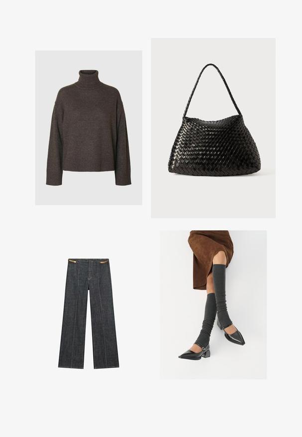 Mörkbrun polotröja, mjuk stickad kvalitet, vida ärmar, ribbade muddarna och fållen, avslappnad passform, minimal design, inga mönster eller detaljer.; Mörk tvättade denimbyxor med vida ben och hög midja. Har synlig sömnad, knappstängning och en unik kedjedetalj vid midjan.; Svarta lackläderskor med spetsig tå, blockklack och ankelrem, i kombination med grå ribbade benvärmare och en brun mockakjol.; Svart vävt läderhandväska med en kurvig, mjuk form och ett enda flätat bärhandtag, som har en slät yta och ett intrikat mönster.