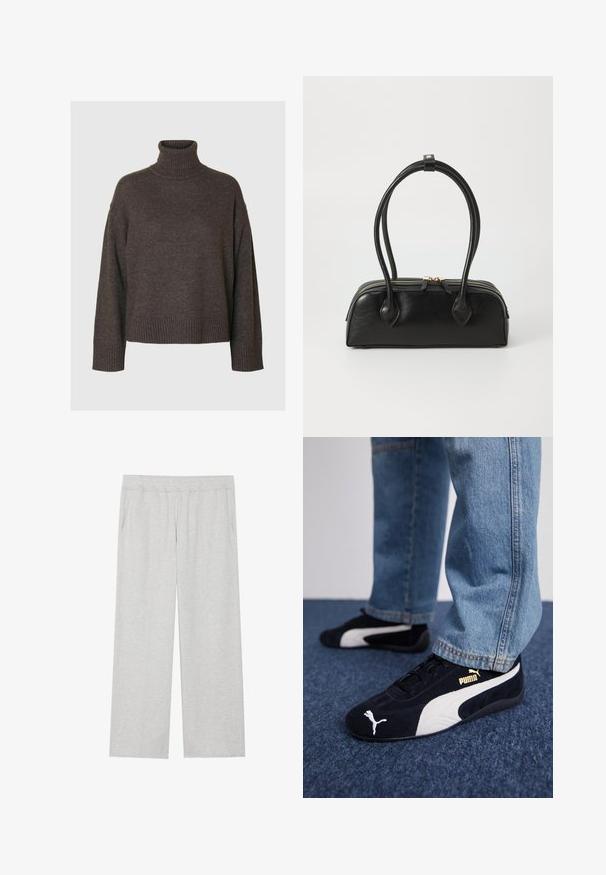 Tumed pruun kõrge kaelusega kampsun, pehme kudumisega kangas, laiad varrukad, soonikkoes mansetid ja äär, vabalt langev lõige, minimaalne disain, ilma mustrite või aktsentideta.; Heledad hallhallid, laiad dressipüksid pehmest kangast. Omavad elastset vöökoht ja küljetaskuid. Sile tekstuur ja puhas disain.; Mustad nubukist kingad valgete aktsentidega, millel on kullavärvi logo. Kandmine helesinine teksapükstega ja asetatud tekstuursele sinisele pinnale.; Must mustroheline nahast käekott kahe pikema käepidemega, lukuga ja ümar kuju; sile tekstuur kerge läikiva viimistlusega.