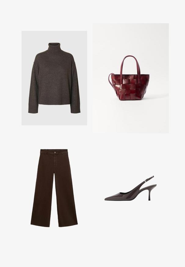 Maglione a collo alto marrone scuro, in morbido tessuto a maglia, con maniche ampie, polsini e orlo a costine, vestibilità comoda, design minimale, senza motivi o dettagli.; Pantaloni larghi marroni in misto cotone, caratterizzati da orlo sfrangiato, chiusura frontale con bottone e classico design a cinque tasche. Minimalisti e versatili.; Décolleté con cinturino in pelle brillante marrone scuro, caratterizzate da un tacco alto e sottile e una cinghia alla caviglia regolabile con fibbia.; Borsa a tote in pelle borgogna intrecciata con due manici corti e una tracolla rimovibile. Presenta una forma strutturata e una texture liscia.
