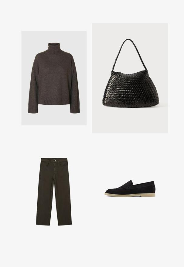 Donkerbruin coltrui, zachte brei stof, brede mouwen, geribde manchetten en zoom, ontspannen pasvorm, minimalistisch ontwerp, geen patronen of accenten.; Donkergroene wijde jeans van een katoenmix, met een sluiting met een voorste knop, vijf zakken en klassieke denimstiksels.; Zwarte suède loafers met een vlakke beige zool, voorzien van een gestikt ontwerp en een stijlvolle instapstijl, geschikt voor casual kleding.; Zwarte geweven leren handtas met een gebogen, zachte vorm en een enkele gevlochten schouderband, gekenmerkt door een gladde textuur en een ingewikkeld patroon.