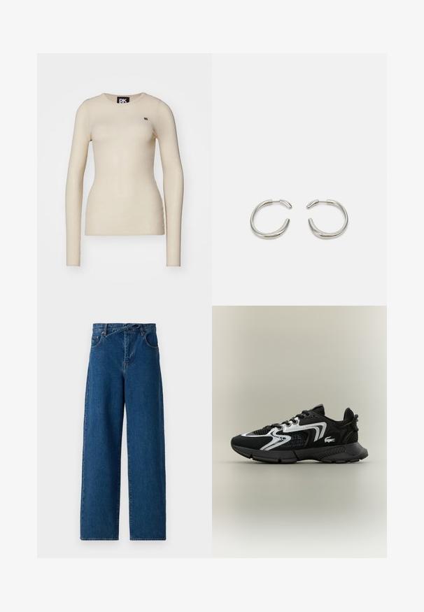 Langermet skjorte i kremfarge laget av et mykt stoff, med rund halslinning og en liten logo på venstre brystområde.; Bredde ben denim jeans i mørkeblå. Høy midje design med beltehemper og frontlommer. Glatt tekstur og klassisk fem-lomme stil.; Svarte sportsko med nettpaneler, sølvdetaljer og teksturerte svarte overlegg. Har lisser og en buet, robust såle.; Sølv hoop øredobber med en glatt, avrundet design og en elegant, polert finish. Har en minimalistsk form med en liten åpning.