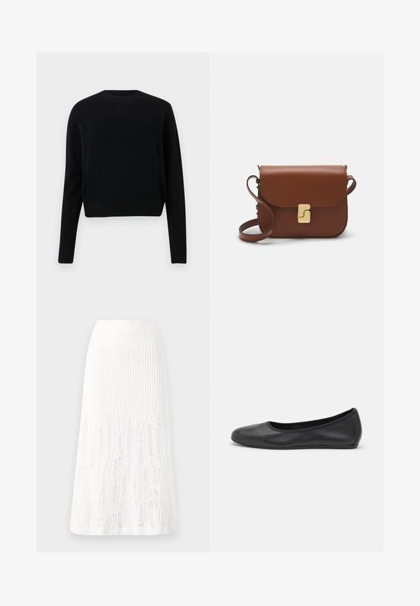 Pull noir court en tricot. Il présente un col rond et des poignets et un ourlet côtelés. Design simple et classique sans motifs ni embellissements.; Jupe midi en tricot blanche présentant un motif texturé avec des lignes verticales et des découpes près de l'ourlet. Taille élastique. Matériau doux.; Ballerines en cuir noir avec un bout rond, texture lisse, détails de couture minimalistes et design de semelle flexible.; Sac à main en cuir marron avec une fermeture à rabat, des accents en métal doré, une bandoulière et une texture lisse. Forme rectangulaire compacte.