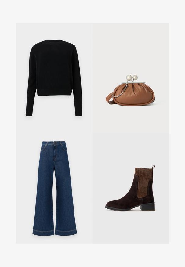 Črna skrajšana pulover iz pletenine. Ima okroglo ovratnico ter rebraste manšete in rob. Preprost, klasičen dizajn brez vzorcev ali okrasnih elementov.; Svetlo modri jeans širokih nogavic z visokim pasom, ki imajo zaponko, težke zanke za pas in subtilne šive ob žepih in robovih.; Bordo nubuk gležnjača z teksturiranim rjavim rebrastim pletenim zgornjim delom, gladko površino, nizko blokasto peto in zanko na peti za lažje obuvanje.; Rjava usnjena torbica z srebrnim krogličnim zapiranjem in majhno srebrno verigo na beli podlagi.