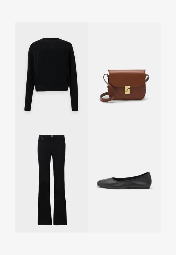 Pulover scurt negru, confecționat dintr-un material tricotat. Are un guler rotund și manșete și tiv cu nervuri. Design simplu, clasic, fără modele sau embellismente.; Blugi negri evazați din denim, care prezintă două buzunare frontale, o închidere cu buton și o textură netedă. Coaserea semnăturii vizibilă la cusături.; Balerini din piele neagră, cu vârf rotund, textură netedă, detalii de cusătură minimale și un design al tălpii flexibil.; Geantă de piele maro cu închidere tip capac, accesorii de culoare aurie, curea de umăr și o textură netedă. Formă compactă și rectangulară.