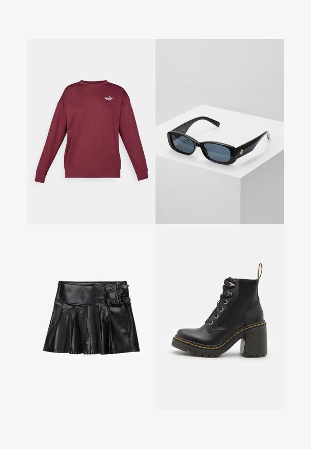 Maroon sweatshirt with long sleeves, crew neckline, and ribbed cuffs. Features a white logo on the chest. Made from soft, textured fabric.; Black leather skirt with pleats, wide waistband, and two buckle accents on the side. Smooth texture with a glossy finish.; Black leather ankle boot featuring a chunky high heel, lace-up front, metal eyelets, and yellow stitching along the sole. Textured rubber outsole.; Black rectangular sunglasses with tinted blue lenses, thick frames, and a gold circular accent on the side. Sleek, shiny finish.; Burgundy handbag made of synthetic material with a structured design, featuring a detachable strap and a floral-patterned scarf tied to the handle.