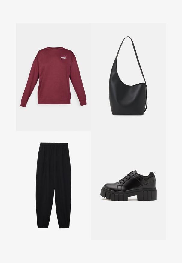 Bordowy sweatshirt z długimi rękawami, okrągłym dekoltem i ściągaczami. Posiada białe logo na klatce piersiowej. Wykonany z miękkiego, teksturowanego materiału.; Czarne, lekkie spodnie z elastycznym pasem i ściągaczami na kostkach. Materiał jest gładki i ma luźny, zwężany krój.; Czarne skórzane buty na platformie z masywnym słupkowym obcasem, okrągłym noskiem i klasycznym sznurowaniem. Posiadają gładką teksturę i minimalne wykończenia.; Czarna skórzana torba hobo o gładkiej fakturze, zaokrąglonym kształcie i pojedynczym, regulowanym pasku; posiada szerokie otwarcie na górze.