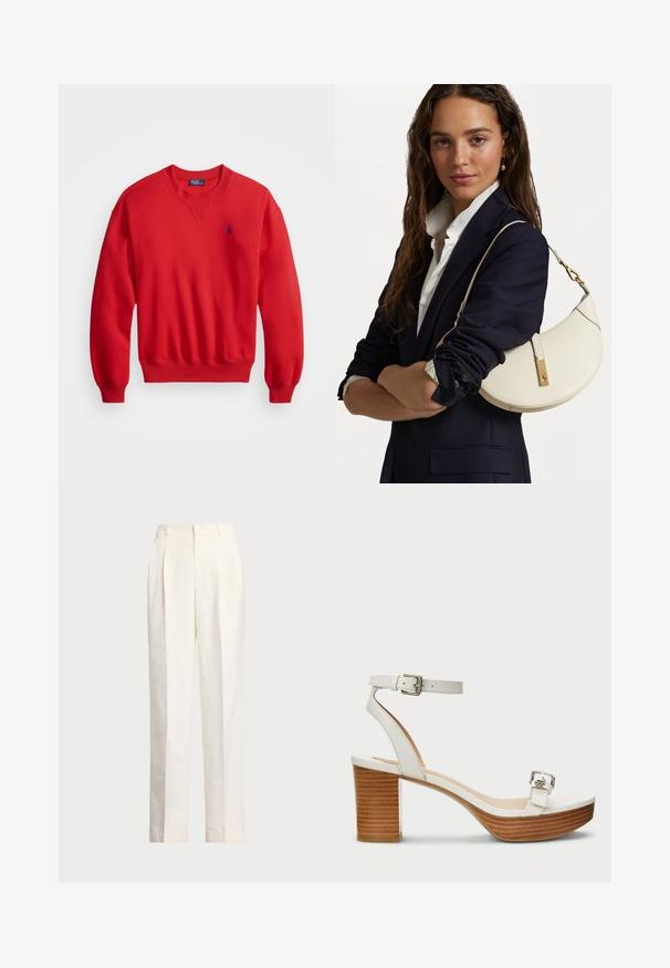 Červená mikina z bavlněné směsi, s kulatým výstřihem, manžetami a spodním lemem s ribbovaným zakončením, a malým modrým logem na levém prsu.; Polo Ralph Lauren HEMP WIDE LEG PANT - Kalhoty - nevis; Bílé kožené sandály s páskem kolem kotníku a stříbrnou sponou. Obsahují vrstvený dřevěný blokový podpatek a hladkou platformu.; Bílá kožená kabelka zakřiveného tvaru, se zlatými doplňky a texturovaným povrchem, nošená přes tmavý blazer a bílou košili.