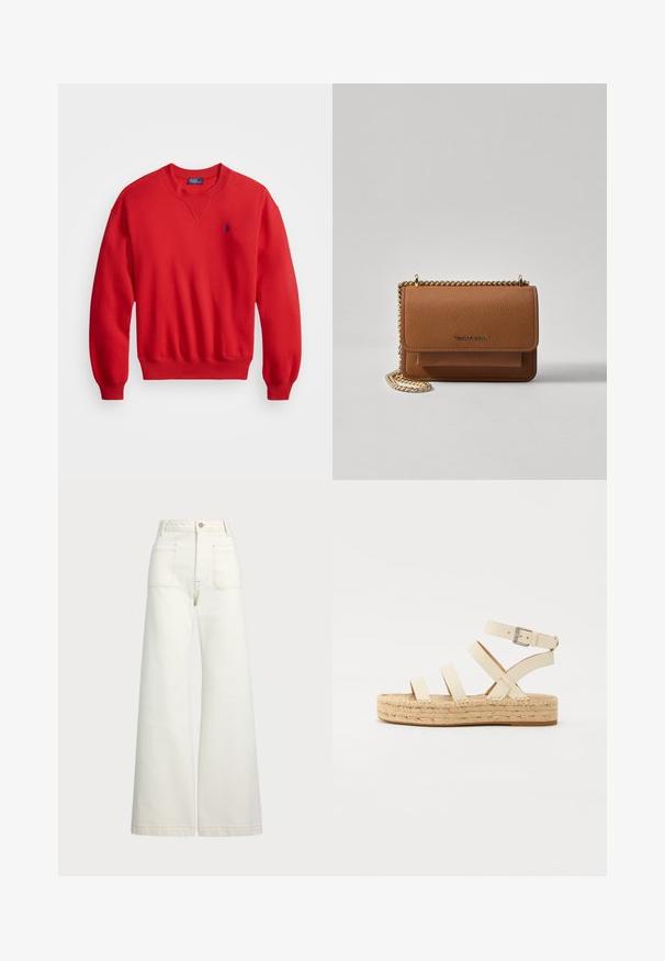 Sweatshirt vermelho feito de uma mistura de algodão, com decote arredondado, punhos e barra canelados, e um pequeno logotipo azul no lado esquerdo do peito.; Jeans de perna larga em denim off-white. Design de cintura alta com fecho de botão, dois bolsos frontais e detalhes de costura em contraste.; Sandal com tiras cruzadas, em couro bege claro, com fivela no tornozelo, apresentando uma sola de plataforma em juta trançada e底 de borracha plana.; Bolsa crossbody de couro texturizado castanho com alça de corrente dourada e fecho com aba. A parte da frente apresenta detalhe do logótipo e um bolso sob a aba.
