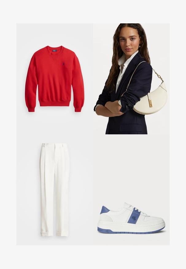 Sweatshirt vermelho feito de uma mistura de algodão, com decote arredondado, punhos e barra canelados, e um pequeno logotipo azul no lado esquerdo do peito.; Calças brancas ajustadas com dois pregas frontais, corte reto e barras com dobra. Feitas de um tecido liso, apresentando um design clássico.; Sapatilhas brancas com detalhes azuis, apresentando um upper em couro liso, um painel lateral texturizado e uma sola branca espessa com detalhes azuis.; Bolsa de mão de couro branco com forma curva, material dourado e acabamento texturizado, usada sobre um blazer escuro e uma camisa branca.