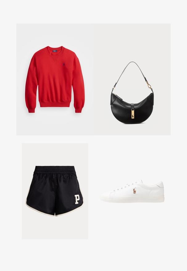 Rdeča srajca iz bombažne mešanice, s krožnim izrezom, rebrastimi manšetami in robom ter majhnim modrim logotipom na levem prsnem delu.; Črne športne hlače z elastičnim pasom, kremnimi stranskimi črtami in belim logotipom "P" na spodnjem levem delu. Gladek material, sproščen kroj.; Bela usnjena teniski čevlji, nizki model, z gladko teksturo, okrogle konice, vezavi spredaj ter majhnim vezenim logotipom na strani.; Črna usnjena torbica v obliki polmeseca. Ima zlato kovinsko dekoracijo in ozek trak. Gladka tekstura, z zadrgo na vrhu.