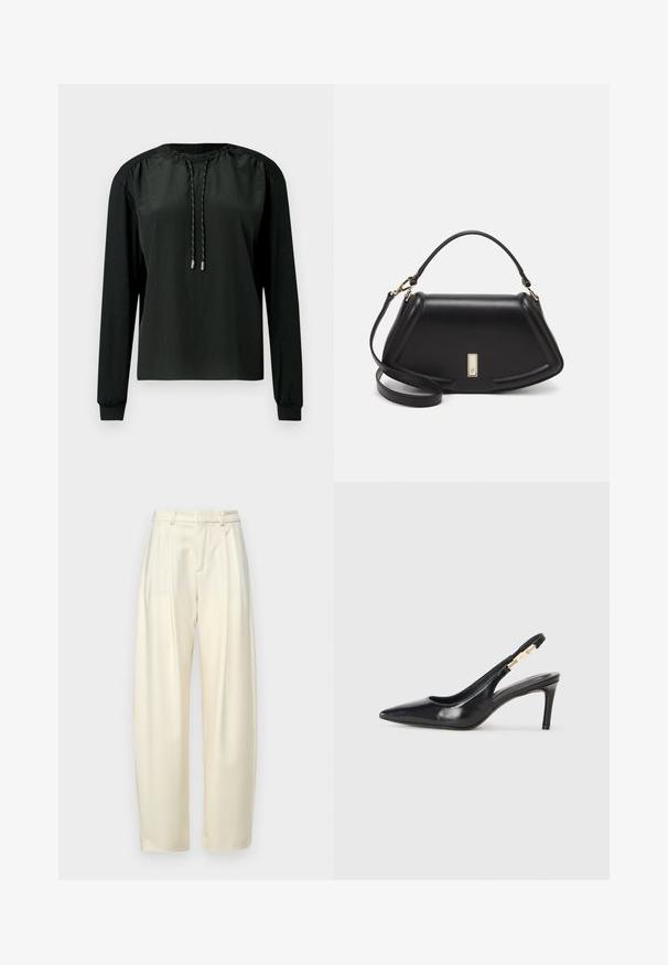 Black long-sleeve top featuring a gathered neckline, drawstring detail, and contrast fabric on sleeves. Smooth textured front, relaxed fit.; Pleated, high-waisted trousers in light cream fabric. Features a straight cut and a smooth texture. No pockets or visible hardware.; Black leather slingback high-heeled shoe with a pointed toe, smooth texture, and a narrow ankle strap featuring gold hardware accents.; Black leather handbag with a structured design, featuring a cropped shape, top handle, and gold hardware accent. Adjustable shoulder strap included.