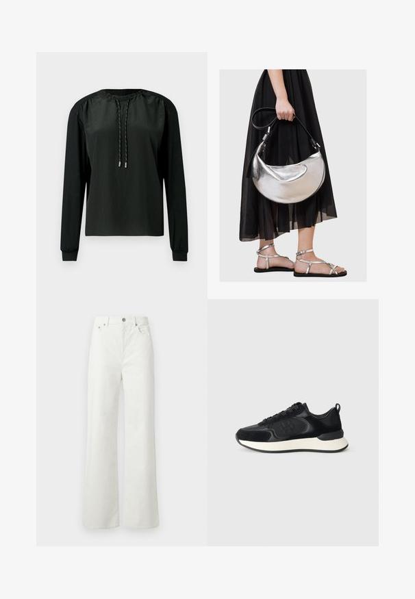 Svart langermet topp med en rynket halslinning, snøre-detalj og kontraststoff på ermene. Glatt teksturert front, avslappet passform.; Samsøe Samsøe SHELLY - Jeans relaxed fit - clear cream; Svart treningssko med en glatt læroverdel, semsket detaljer, rund tå og en kontrasterende hvit mellomsåle. Har snøring og logo-detalj.; Metallisk sølv lærveske med en buet, halvmåneform og svart stropp. Båret med et svart, gjennomsiktig, flytende skjørt og sølvsandaler.