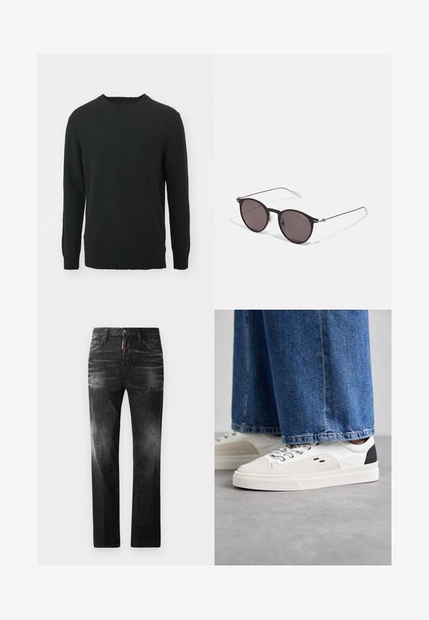 NN.07 LEE - Camisola - black; Jeans de denim preto com um corte reto. Apresentam áreas desbotadas, ligeira degradação, design clássico de cinco bolsos e um fecho de botão.; Sapatilhas brancas e pretas com um upper de couro suave, detalhes texturizados e uma sola branca grossa. Apresenta um design clássico de atacadores.; Óculos de sol redondos pretos com lentes escuras e hastes metálicas finas. Inclui pontas de templo transparentes e detalhes em prata na dobradiça. Design minimalista.