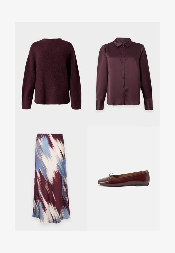 Bordo adīta džemperis ar apaļu kakla izgriezumu, garām piedurknēm un brīvu piegriezumu, ar mīkstu, struktūru veidojošu apdari.; Burgundijas satīna zălīšu blūze ar klasisku apkakli, garām piedurknēm un gludu tekstūru. Iekļauj priekšējo pogu rindas ar saskanīgām pogām.; Garais svārki ar diagonālu saistīto krāsu rakstu bordo, zilā un krējuma krāsās, izgatavoti no mīkstas auduma, kam ir plūstoša silueta un neliels spīdums.; Burgundijas laku ādas baleta kurpes ar noapaļotu purngalu, nelielu loku akcentu priekšā un zemu melnu gumijas zoli. Gluda tekstūra.