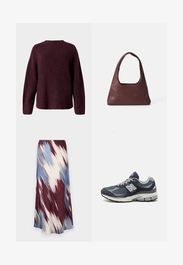 Pull en tricot bordeaux avec un col rond, des manches longues et une coupe décontractée, doté d'une finition douce et texturée.; Jupe longue présentant un motif tie-dye diagonal en bordeaux, bleu et crème, fabriquée dans un tissu doux avec une silhouette fluide et un léger éclat.; Baskets New Balance avec un dessus en mesh et en daim marine, des accents gris, un logo blanc, une semelle rembourrée et des détails texturés.; Sac à main en cuir bordeaux avec une forme triangulaire, un haut ouvert et des détails tressés le long de la poignée. Texture lisse avec une finition mate.