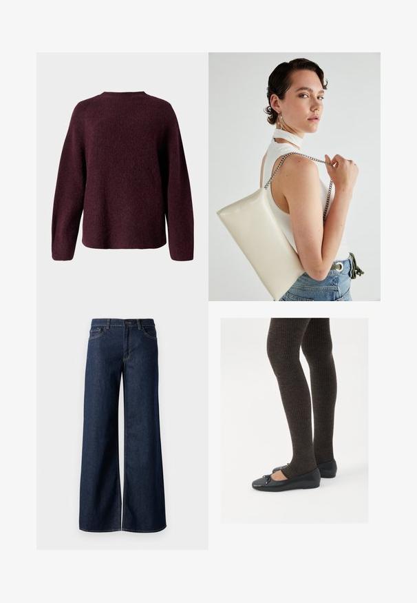 Suéter de punto burdeos con cuello redondo, mangas largas y un corte relajado, confeccionado con un acabado suave y texturizado.; Jeans de pierna ancha en denim azul oscuro. Presenta costuras en contraste, cinco bolsillos y un cierre de botón en la cintura. Textura suave.; Zapatos planos negros con un pequeño lazo en la punta, combinados con medias de punto en marrón oscuro. Los zapatos tienen una textura suave y un perfil bajo.; Bolso de mano rectangular blanco, hecho de un material brillante, con una cadena plateada. La modelo posa, mostrando el bolso frente a un fondo liso.