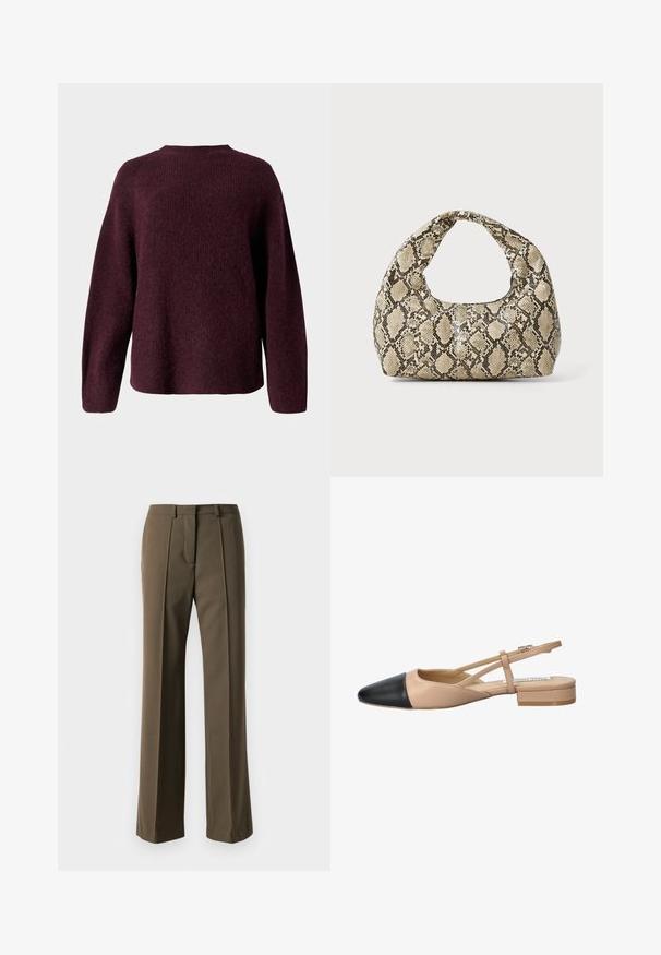 Burgundia neulepaita, jossa on pyöreä pääntie, pitkät hihat ja rento malli, pehmeä ja tekstuurinen pinta.; Ruske räätälöidyt housut suoran istuvuuden, poimutetun etuosan ja klassisen vyötärönauhan kanssa. Valmistettu sileästä kankaasta, joka on hienostuneen viimeistelyn omaava.; Beige ja must kahetooniline nailonking, millel on terav nina, lame kand ja risti minev rihma detail. Sile nahk.; Käärmeennahkakuosiset käsilaukku, jossa on kaareva kahva. Tehty teksturoiduista beigeistä ja ruskeista materiaaleista, joissa on erottuva timanttikuvio.