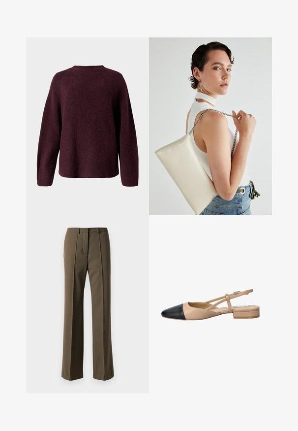 Burgundy kudumine särk, millel on ümmargune kaelus, pikad varrukad ja vabalt langev lõige pehme ja tekstuurse viimistlusega.; Pruunid kohandatud püksid otse lõikega, volditud ees ja klassikalise vöökohaga. Valmistatud siledast kangast, millel on peen viimistlus.; Beez ja must kahetooniline slingback king, millel on terav nina, lame konts ja ristuv rihma detail. Sile nahk tekstuur.; Valge ristkülikuline kotti, mis on valmistatud läikivast materjalist, hõbedase ahelsangaga. Mudel poseerib, tutvustades kotti ühtlase taustaga.