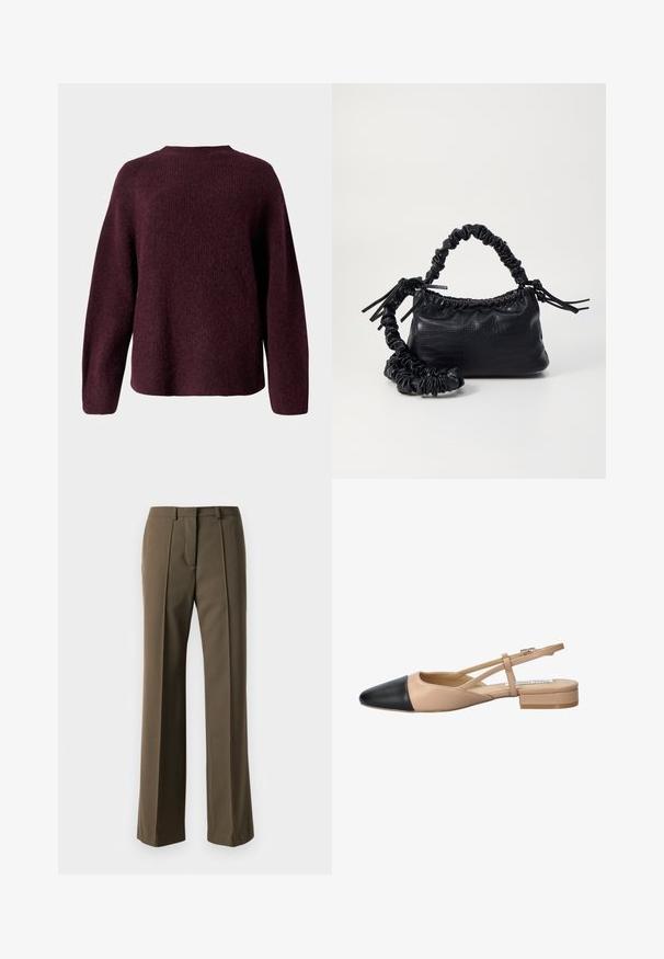 Maglione a maglia bordeaux con scollo rotondo, maniche lunghe e vestibilità rilassata, caratterizzato da una finitura morbida e testurizzata.; Pantaloni marroni su misura con una vestibilità dritta, frontale plissettato e vita classica. Realizzati in tessuto liscio con una finitura raffinata.; Scarpa slingback bicolore beige e nera con punta affilata, tacco piatto e dettaglio a fascia incrociata. Texture in pelle liscia.; Borsa a tracolla in ecopelle nera con texture a coccodrillo, apertura cinchata e tracolla arricciata. Si presenta con un design morbido e compatto.